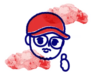 Romain dessiné devant des nuages rouge, le pouce levé, portant une casquette rouge.